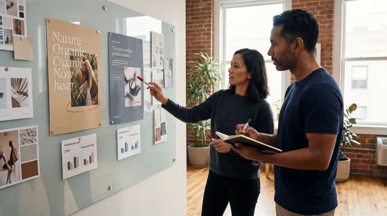 Two SCTR creative analysts comparing ad variants pinned to a wall during an A/B review