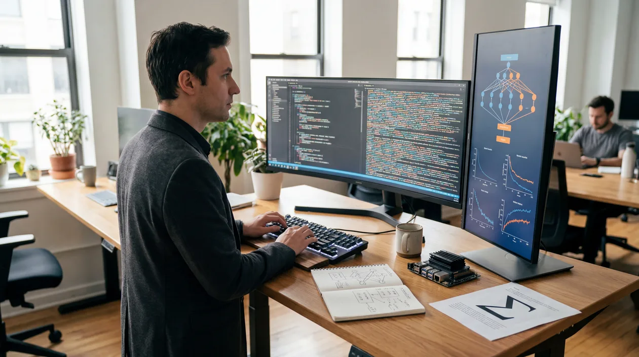 SCTR AI engineer at a standing desk with multi-monitor setup designing AI systems