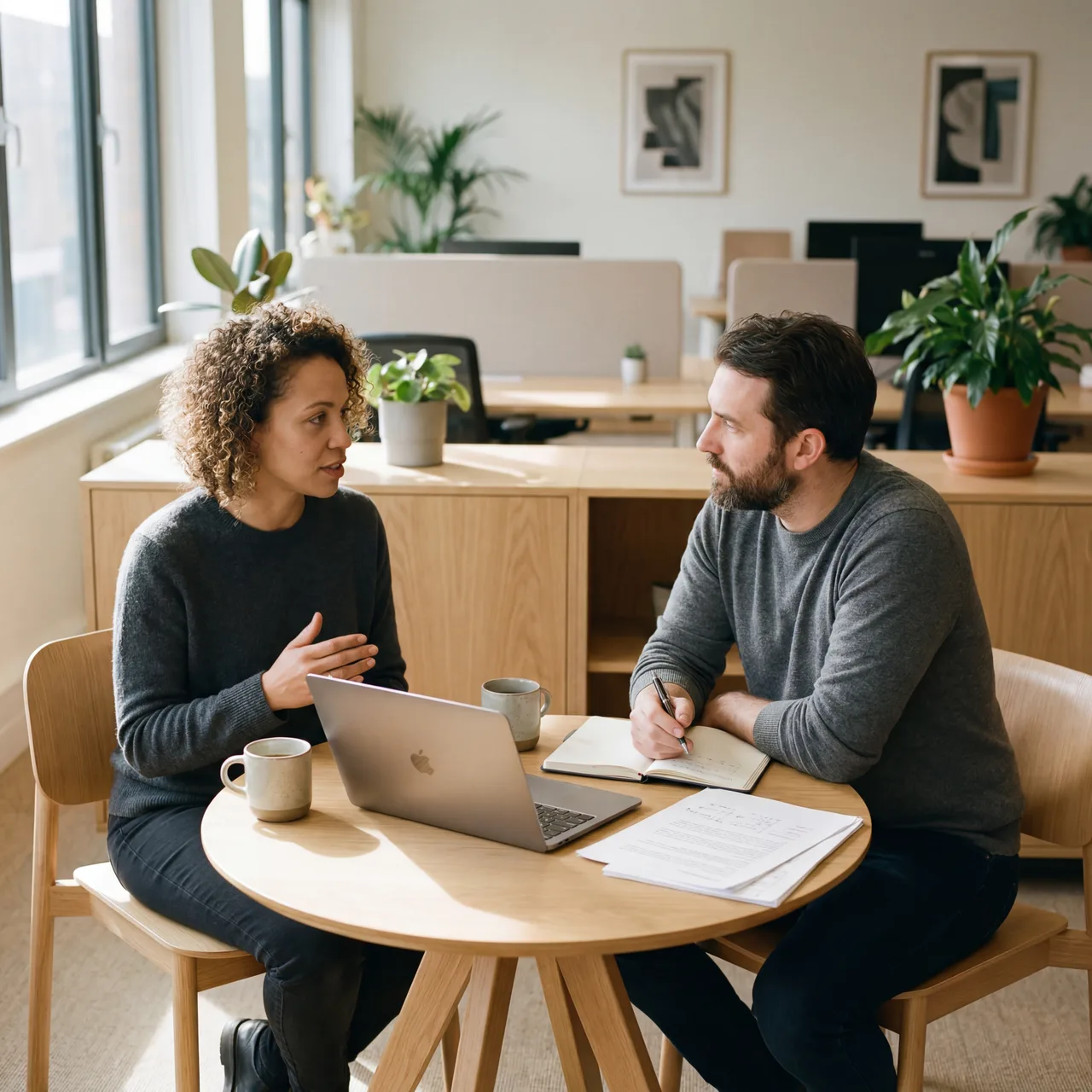 Two SCTR colleagues exchanging feedback in an open one-on-one conversation