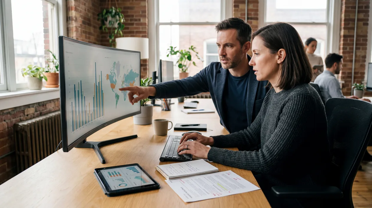 Two SCTR media buyers collaborating at a multi-monitor workstation reviewing campaign analytics