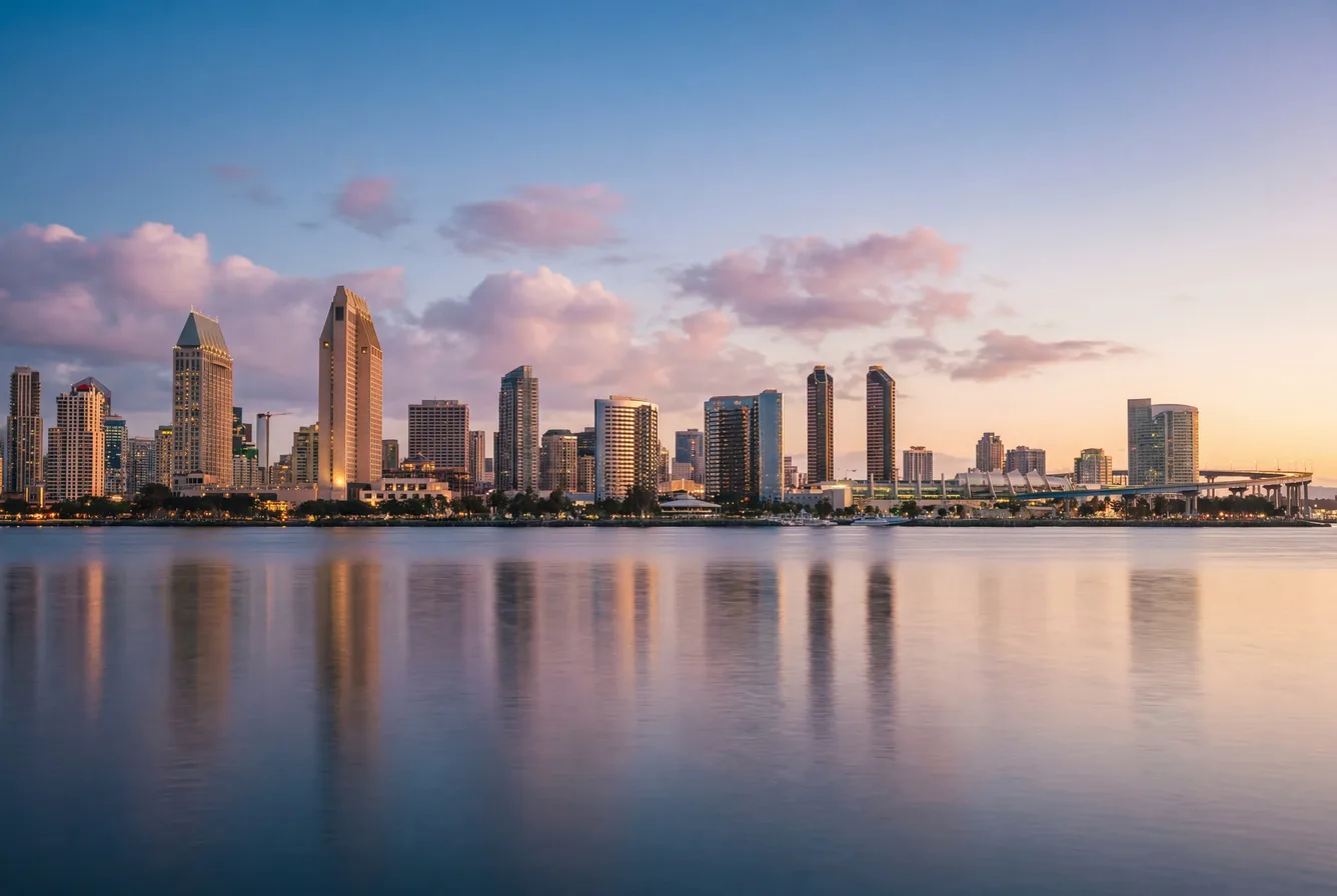 San Diego skyline at golden hour, photographed across the harbor