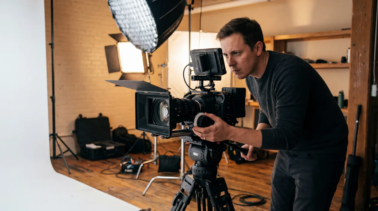 SCTR cinema camera operator behind a professional camera in a production studio
